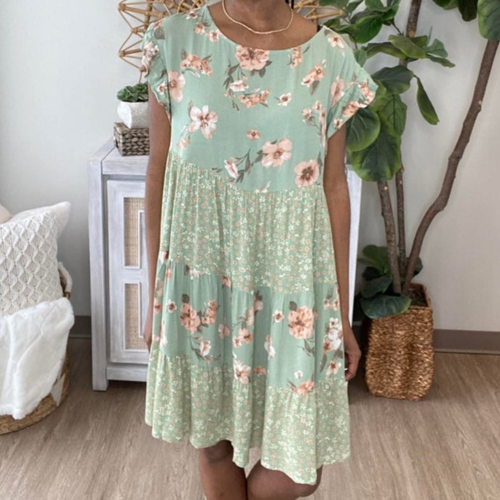 Green Floral Tiered Dress